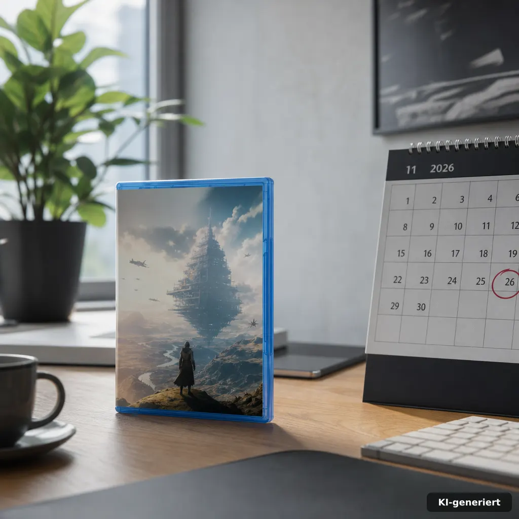 editorial photo of a PS5 game case mockup on a desk with a calendar page highlighting November 2026, natural soft daylig