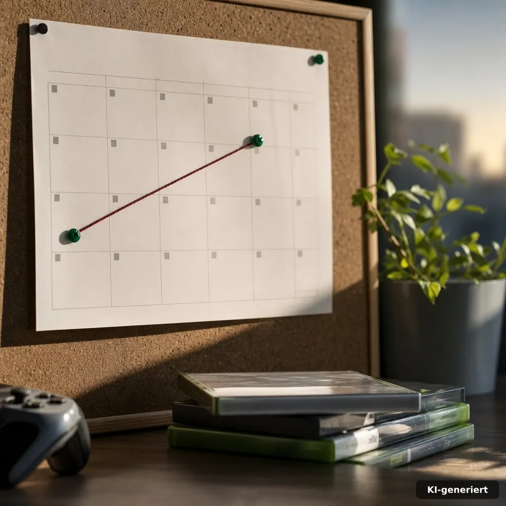 documentary photo of a calendar pinned to a corkboard with two highlighted dates connected by a thin string, plus a smal