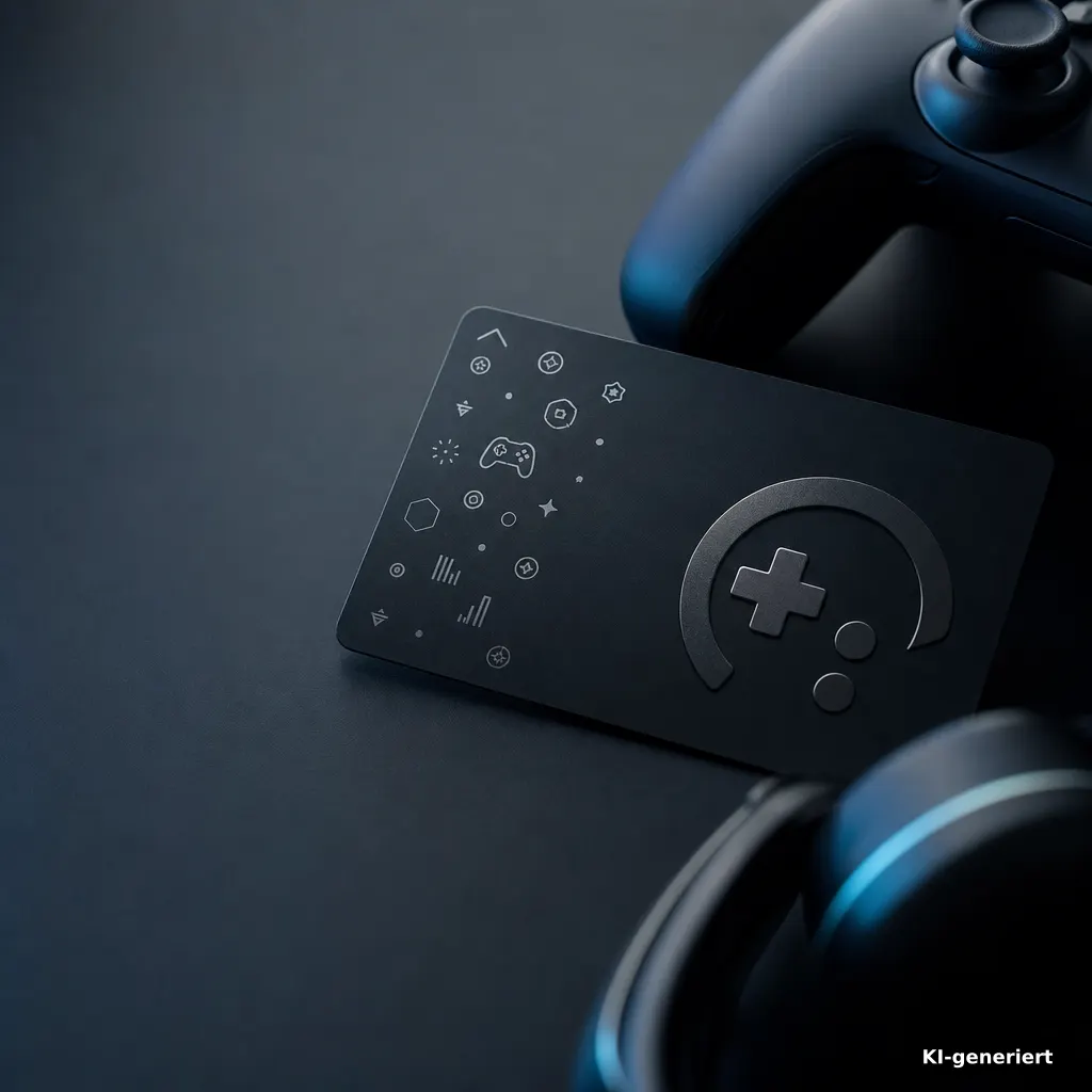 close-up of a gaming subscription card concept with abstract icons on a dark desk, neon-free, cool gray background with 