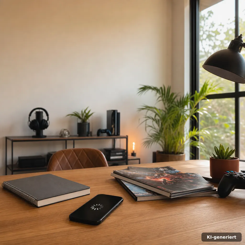 architectural interior editorial photography of a compact gaming news desk setup, closed spiral notebook, smartphone wit