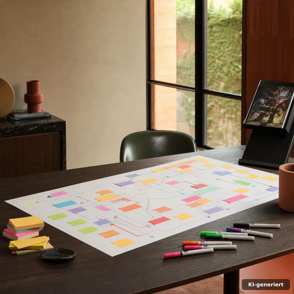 editorial architectural photo of a strategy board on a dark oak desk, abstract flow lines made of sticky-note shapes and
