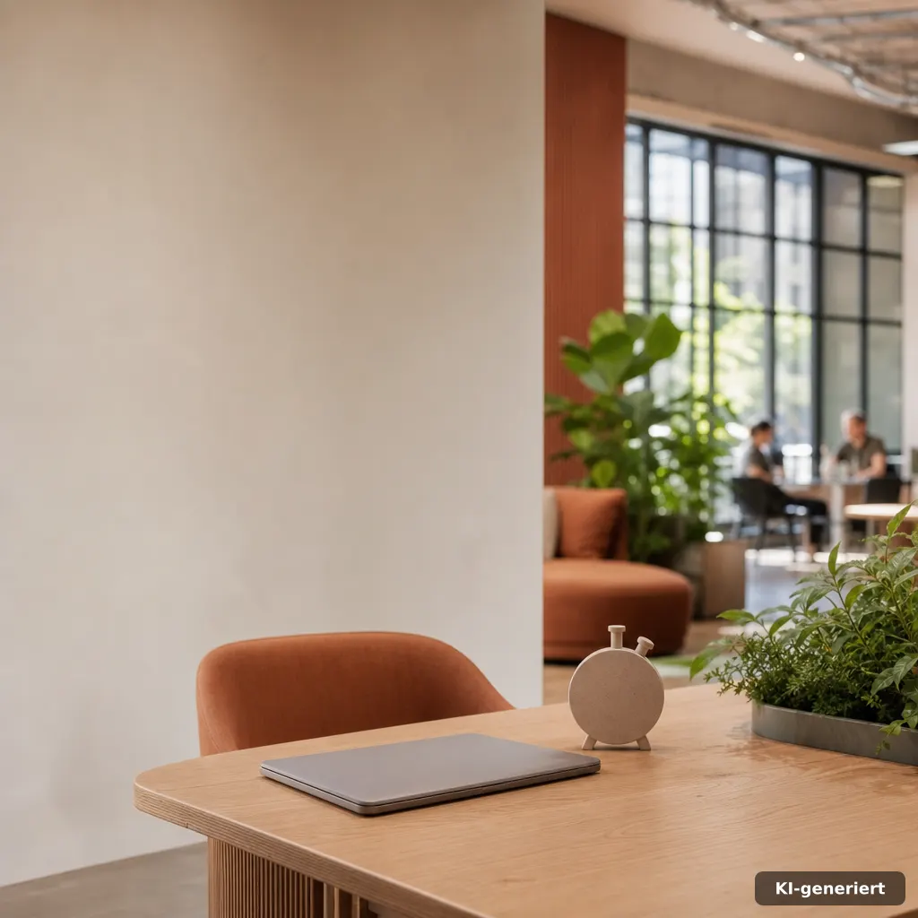 architectural interior editorial photography of a warm coworking lounge corner with a single workstation table, closed l