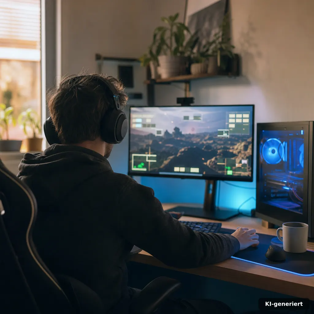 Hell Let Loose Vietnam: Steam-Open-Beta & Release-Check 3 documentary editorial photo of a gaming PC setup in a home office, monitor showing generic battlefield HUD blocks withou