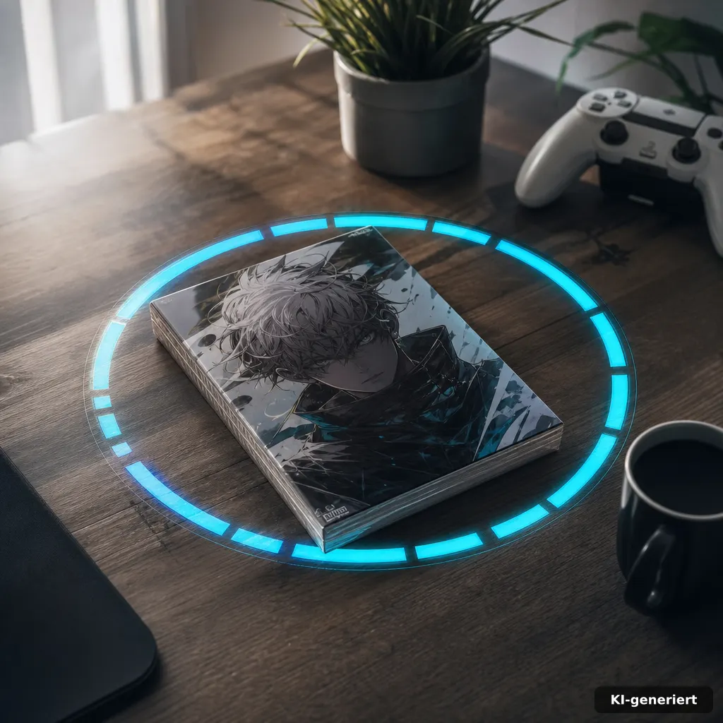 editorial photo of a glossy sealed manga book-like volume with a circular countdown ring motif around it on a wooden des