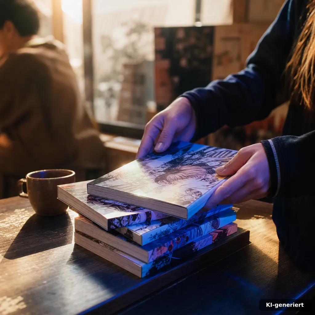 documentary-style photo of a small stack of manga volumes on a cafe table, with a subtle blue overlay glow, hands reachi