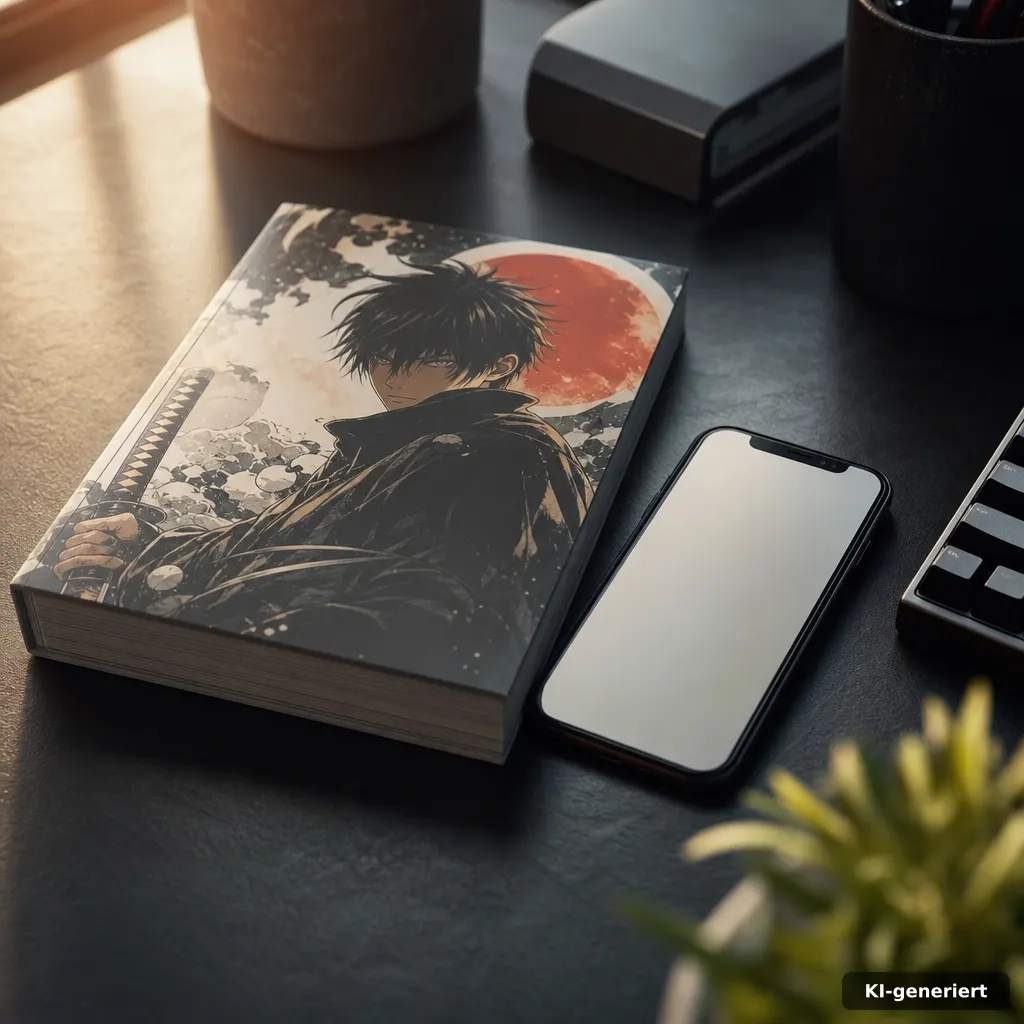 close-up photograph of a desk with a single freshly placed manga volume beside a smartphone with a blank screen, cool bl
