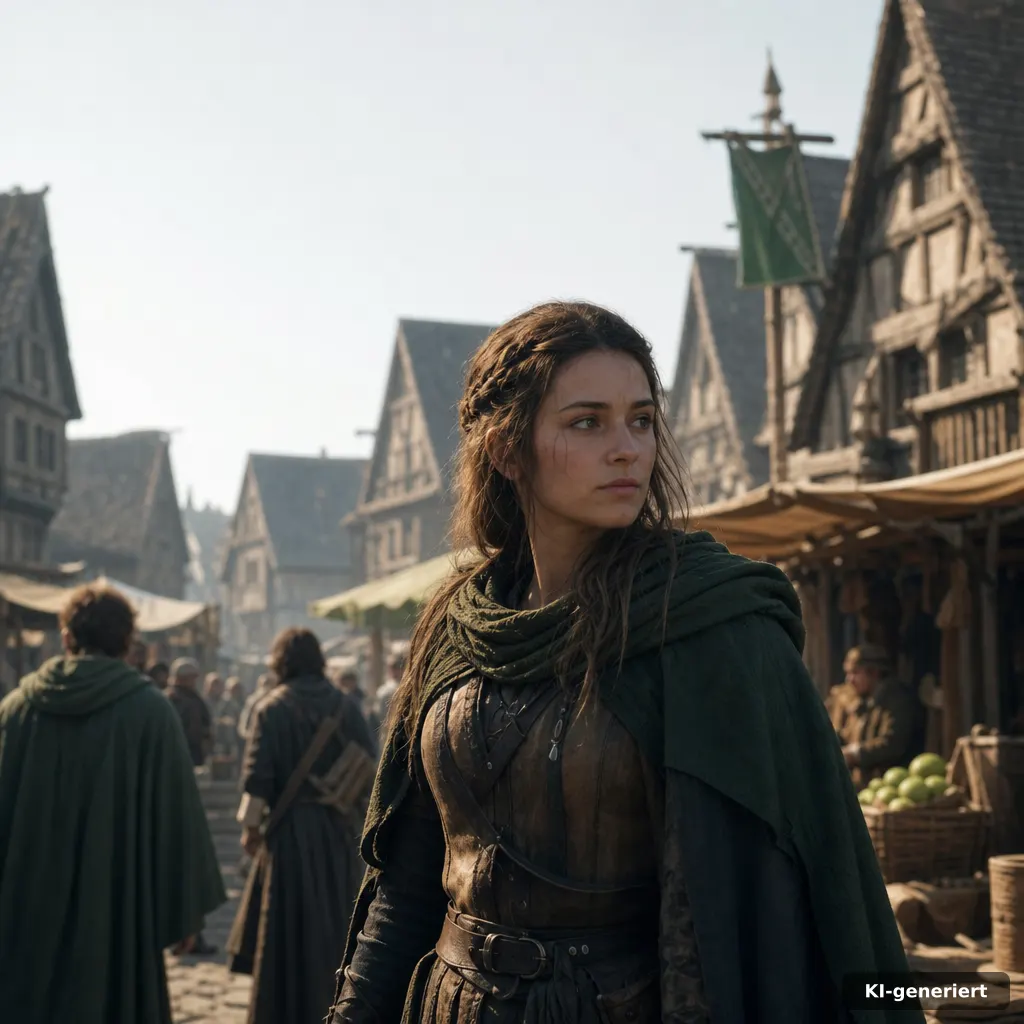 editorial photograph of a medieval-town marketplace street with a small group implied, warm daylight, soft shadows, subt