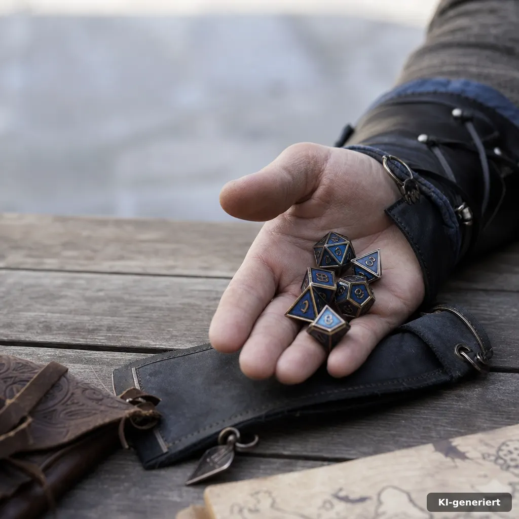close-up editorial photograph of a medieval character hand holding a compact dice set on a wooden table, shallow depth o