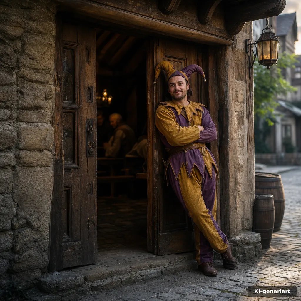 documentary-style photograph of a medieval inn doorway with a subtle playful jester-costume color accent, soft golden-ho