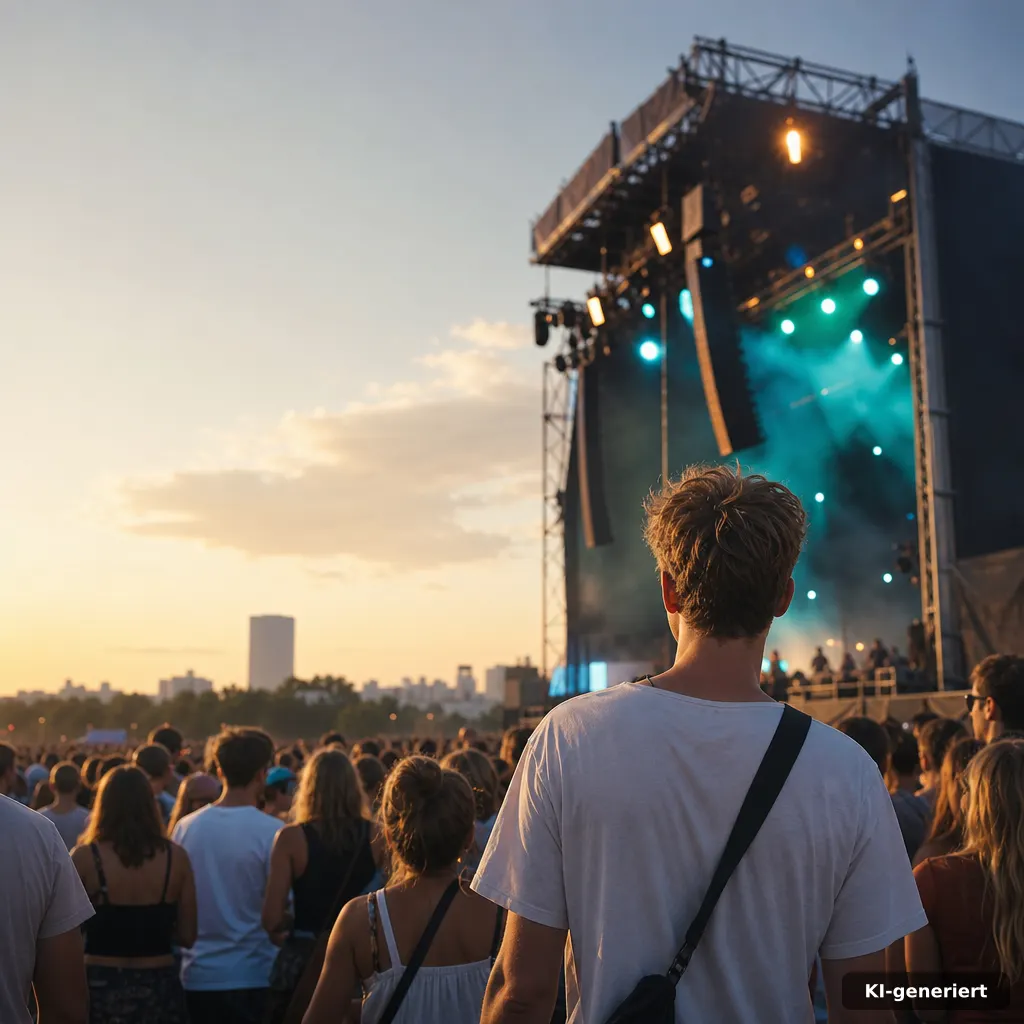 Konzert der Jeki-orchester Neuss 2026: Termine & Infos 2 editorial photograph of a lively outdoor stage with a large crowd watching, warm evening lighting, subtle teal and blue