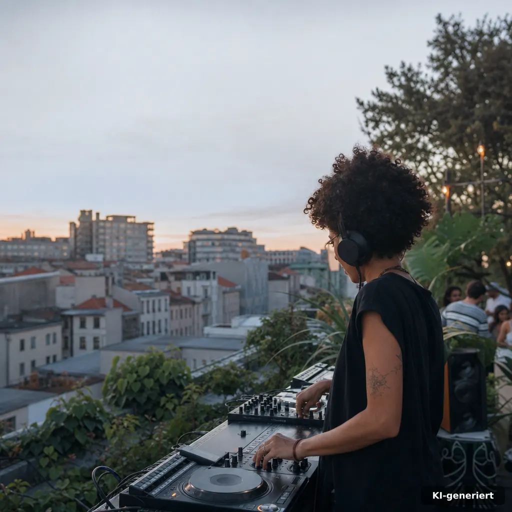 Konzert der Jeki-orchester Neuss 2026: Termine & Infos 4 photograph of an outdoor rooftop concert setting with a view of a city block, evening sky, soft contrast natural light,