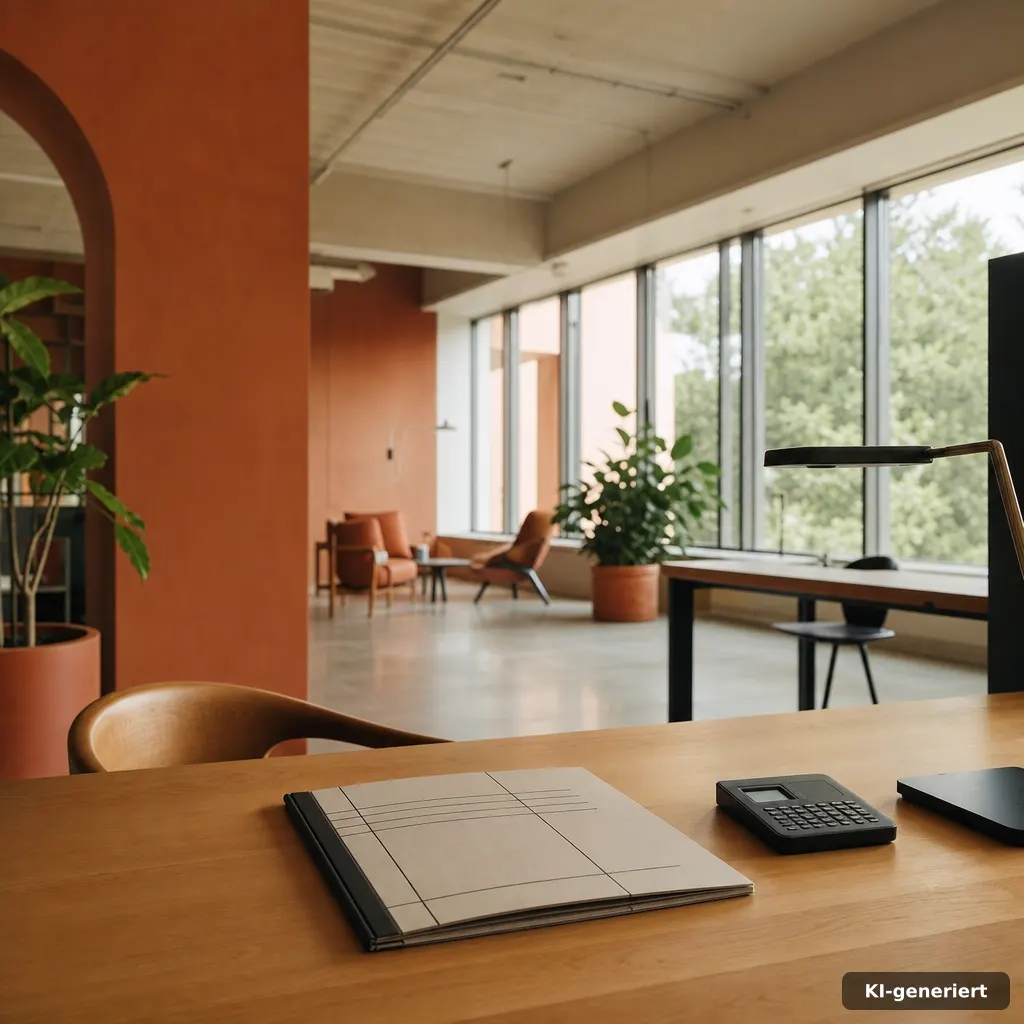 editorial architectural photo of a warm coworking corner with a clutter-free desk, a closed folder with abstract ruled l