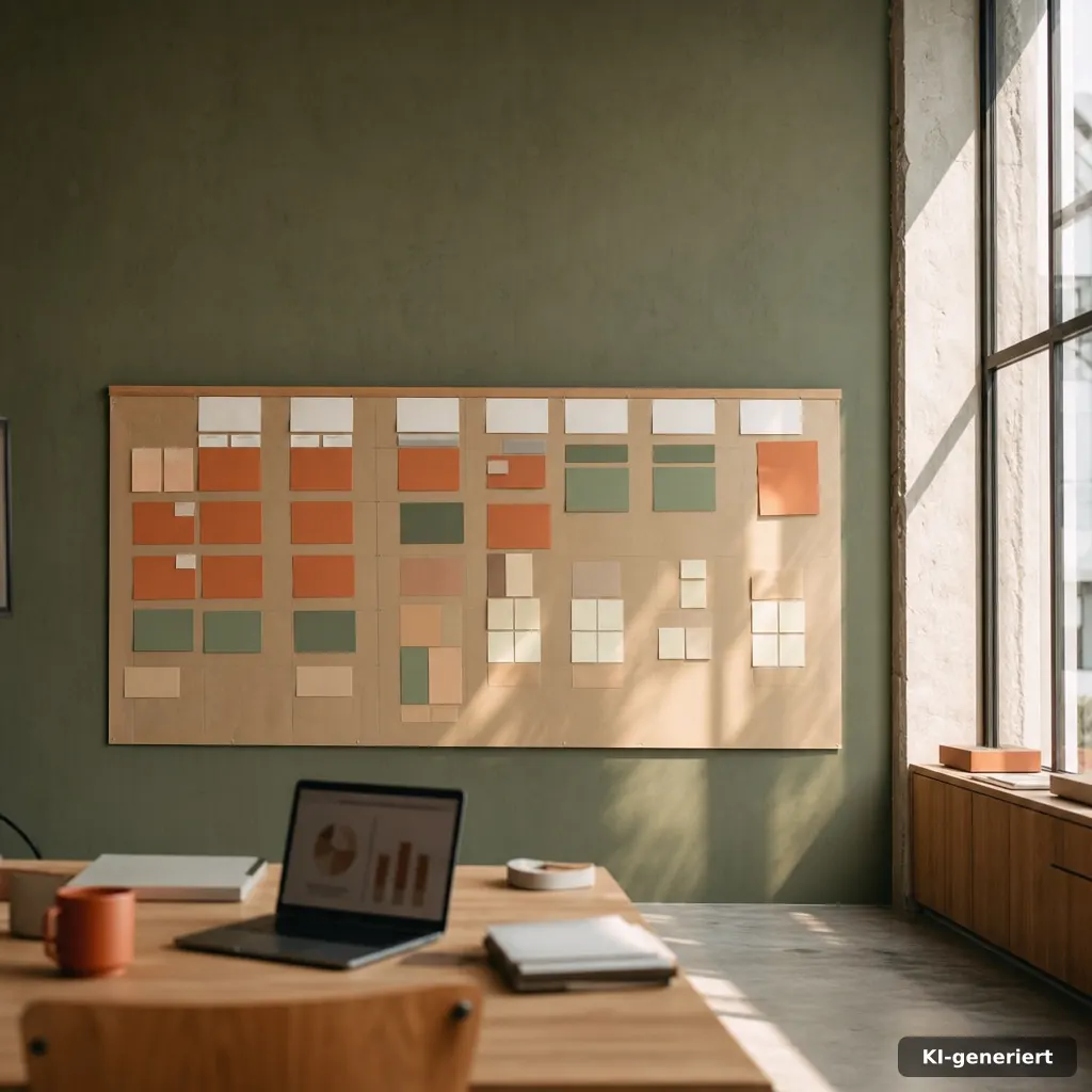 photograph of a wall-mounted editorial calendar board with abstract colored sticky notes (no readable text), a small lap