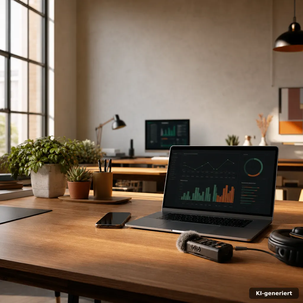 editorial photo of a studio-like coworking tech desk with a laptop beside a smartphone and a compact audio recorder, abs