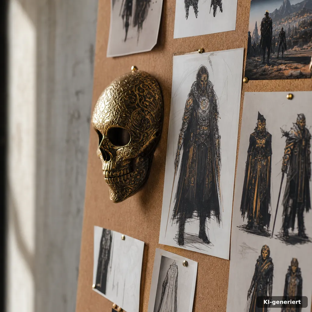 editorial photograph of a film production corkboard with pinned concept art cards, including a small ornate gold skull m