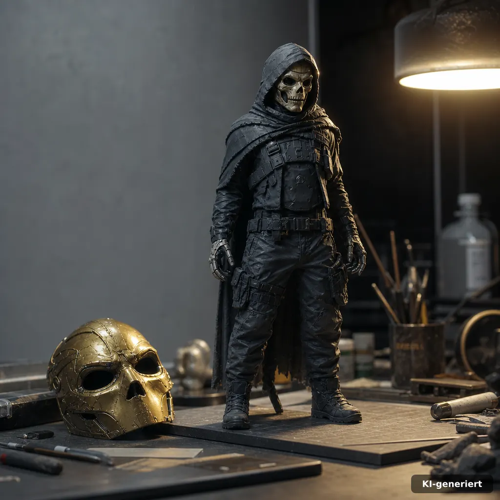 cinematic editorial photo of a close-up work table with a small sculpted skull-faced figure prototype, a separate gold m