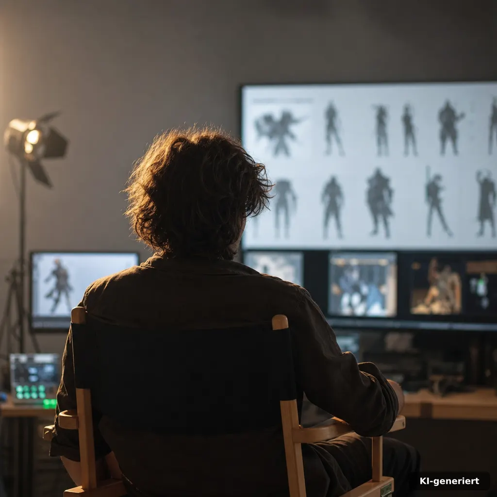 documentary-style photograph of a director’s chair facing a muted monitor wall with abstract character silhouette thumbn