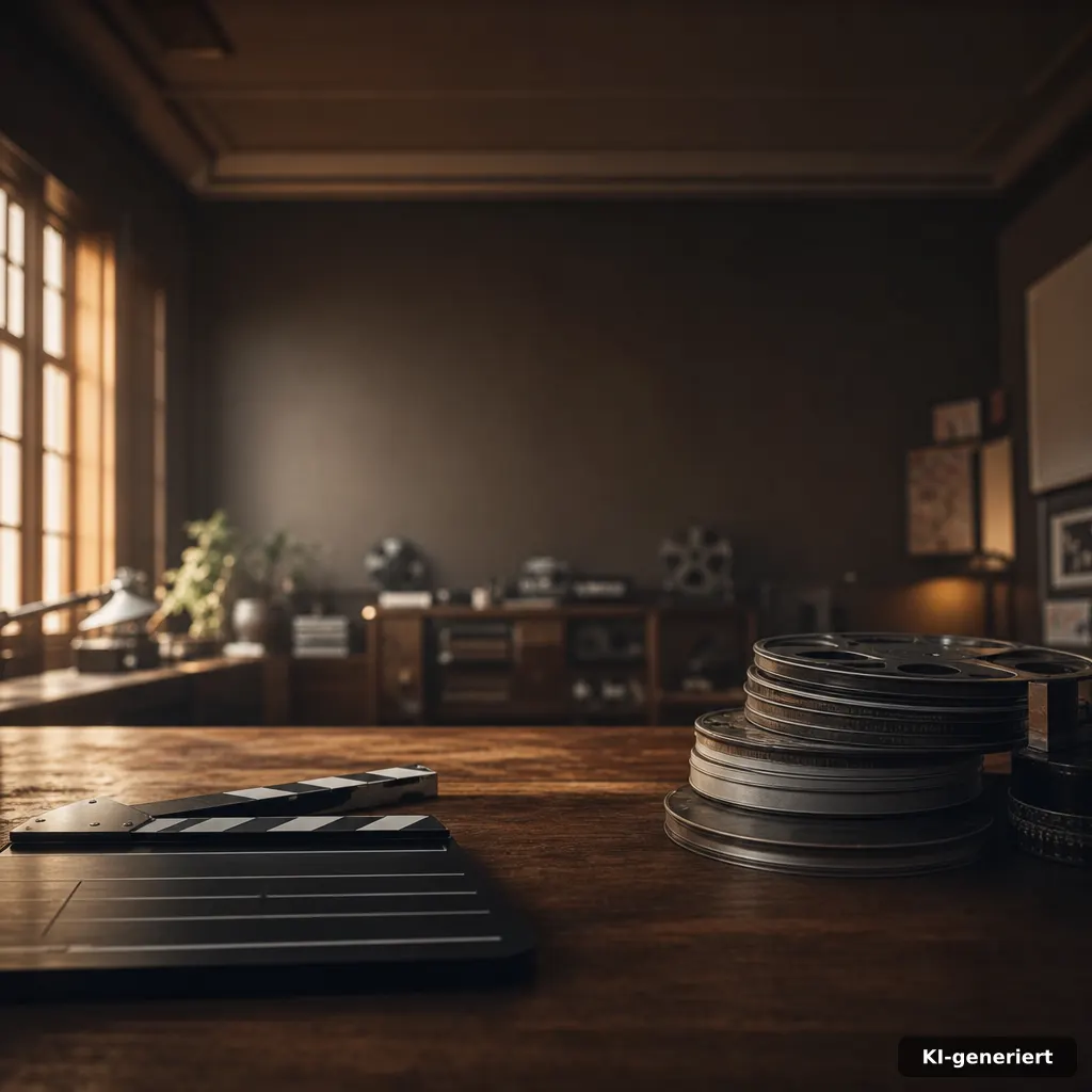 photograph of a film clapperboard and neatly stacked blurred movie reels on a warm wooden desk, editorial cinematic ligh