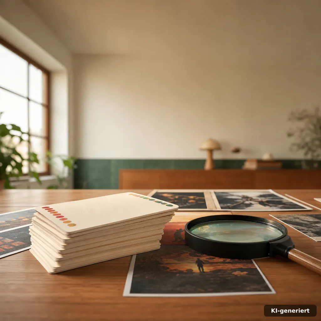 editorial photograph of printed ranking index cards and a handheld magnifying glass over blurred movie posters on a desk