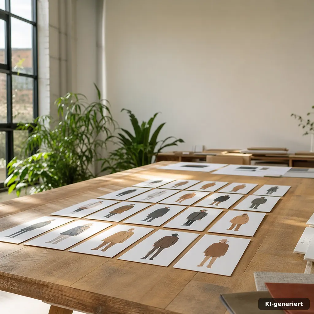 photograph of a tidy production board with abstract silhouettes of characters in cards, warm natural window light, deep 