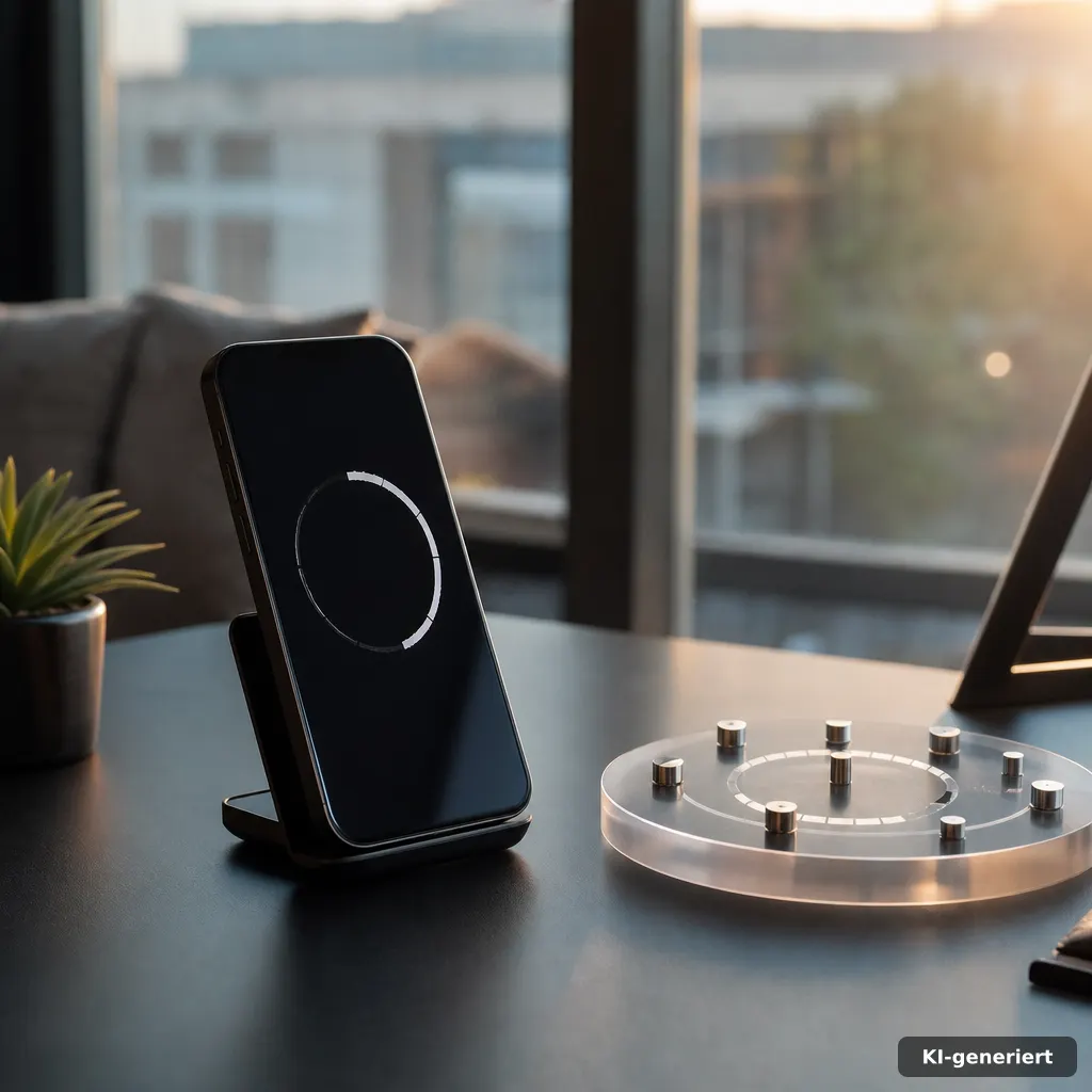 photograph of a smartphone showing a minimalist countdown timer on a desk beside a translucent acrylic raid-timer ring b