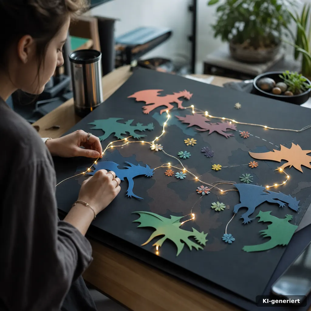editorial photo of a raid-mega team planning board with abstract silhouettes of dragon-like shapes made from colored pap
