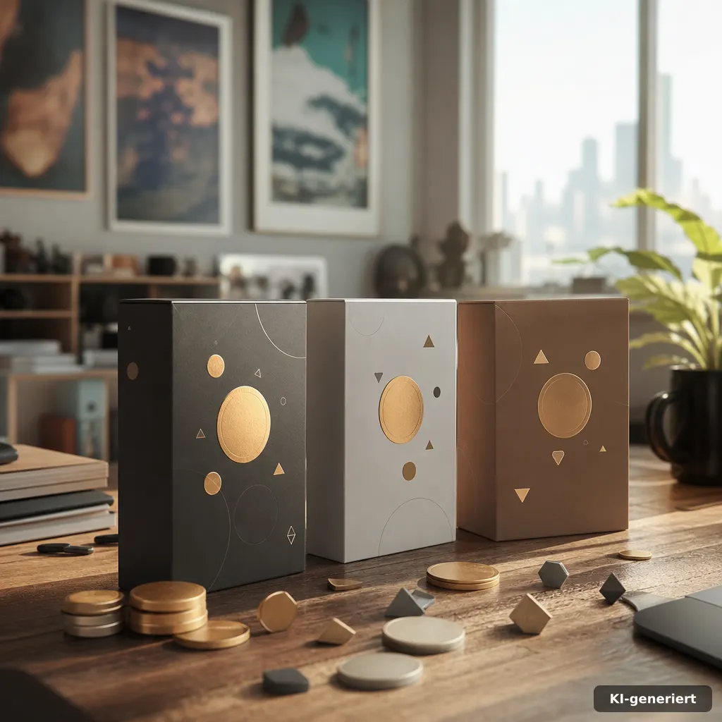 photorealistic still life of three closed product boxes on a desk with abstract coin-like circular tokens and tiny rewar