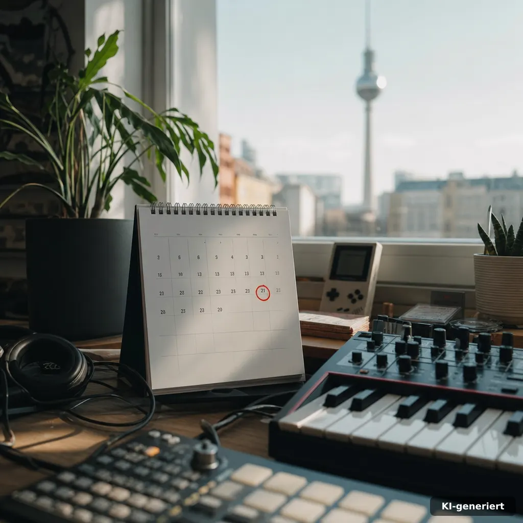 editorial photo of a calendar with highlighted June deadline, colorful music gear items on a desk, Berliner ambience, so