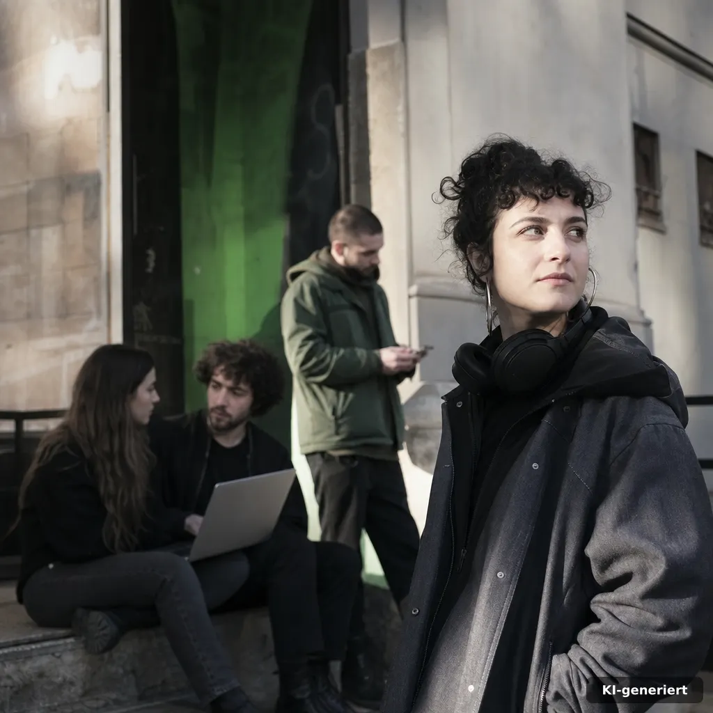 documentary-style street photo of Berlin-Wedding vibe outside a cultural venue, subtle music-tech props (headphones, lap