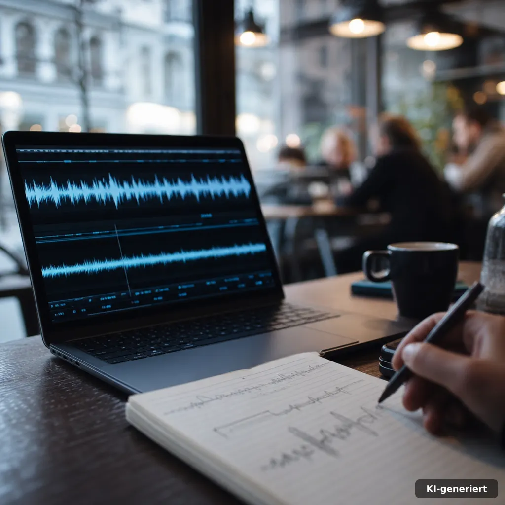 close-up photo of a laptop screen with waveform visualization as abstract shapes (no readable text), next to a handwritt