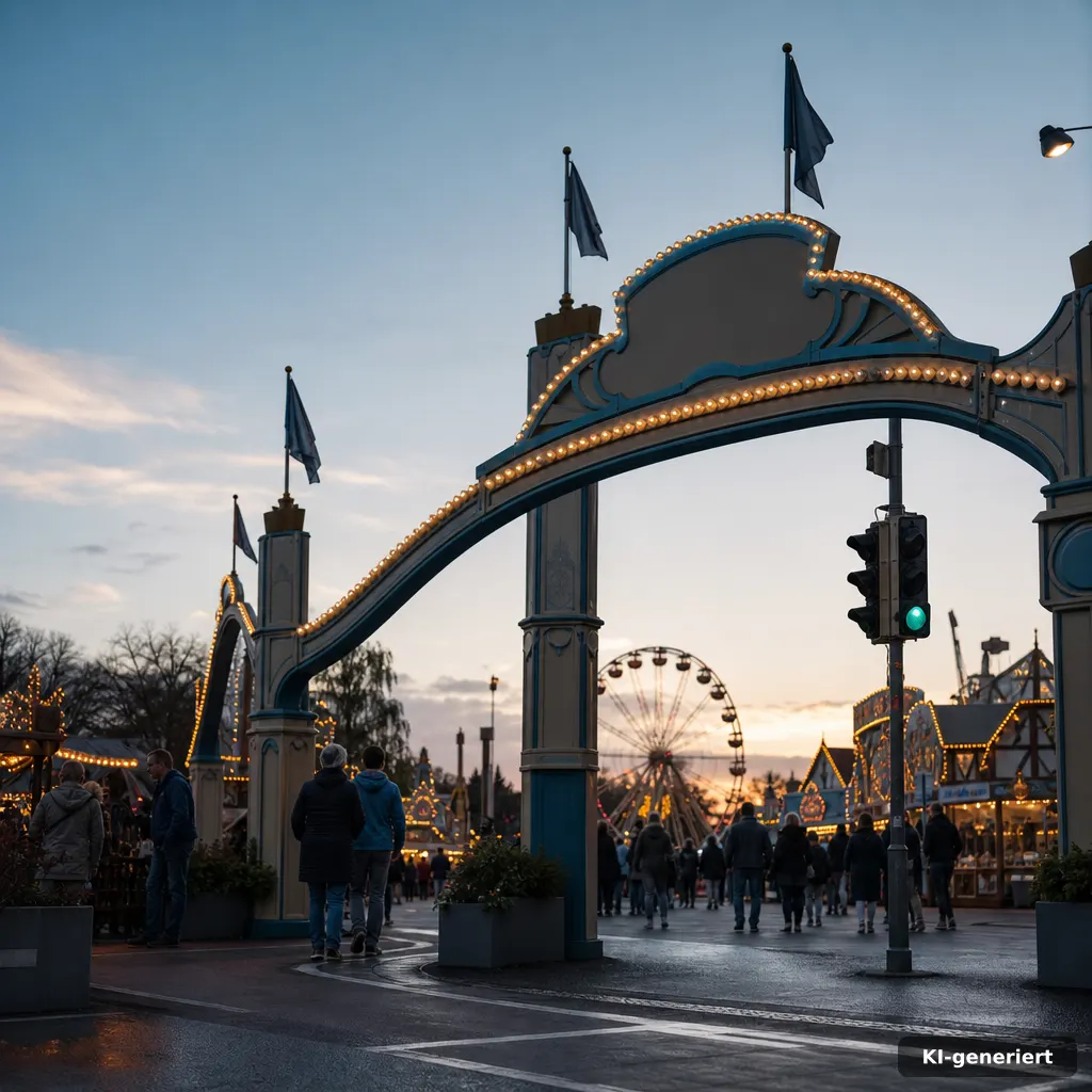 editorial photograph of a German local fairground entrance at dusk, with a clearly visible street sign area but no reada
