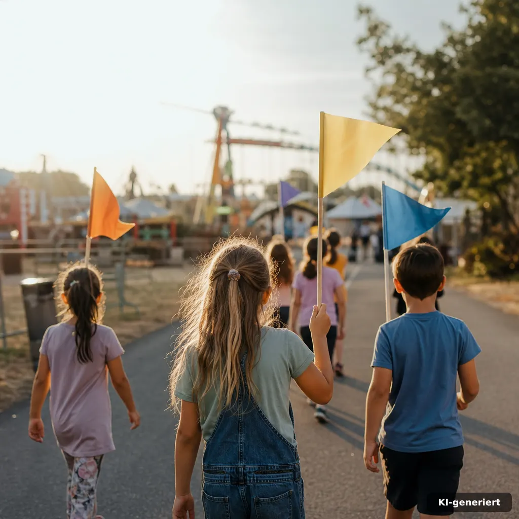 documentary-style photo of a small group of children holding colorful paper flags while walking on a fairground path, fa