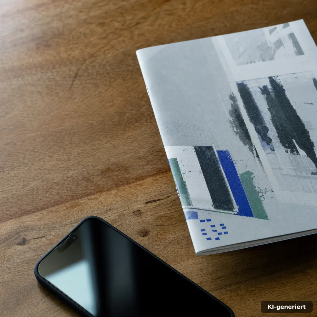 close-up photograph of a smartphone screen next to a printed program booklet on a wooden table, no readable text, subtle