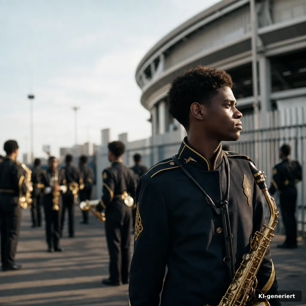 Schützenfest in Neuss-reuschenberg Neuss: Termine 2026 4 editorial photo of a marching band rehearsal vibe–abstract silhouettes of uniform-like fabric and small ceremonial emble