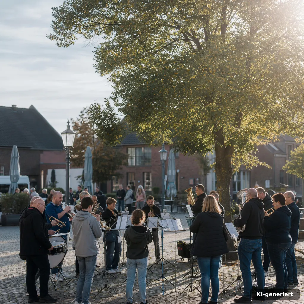 Schützenfest in Neuss-rosellerheide Neuss: Termine 2026 2 Editorial photo einer zentralen Dorfplatz-Szene in Rosellerheide-Neuenbaum am Samstagvormittag, mit Musikvereins-Anmutun