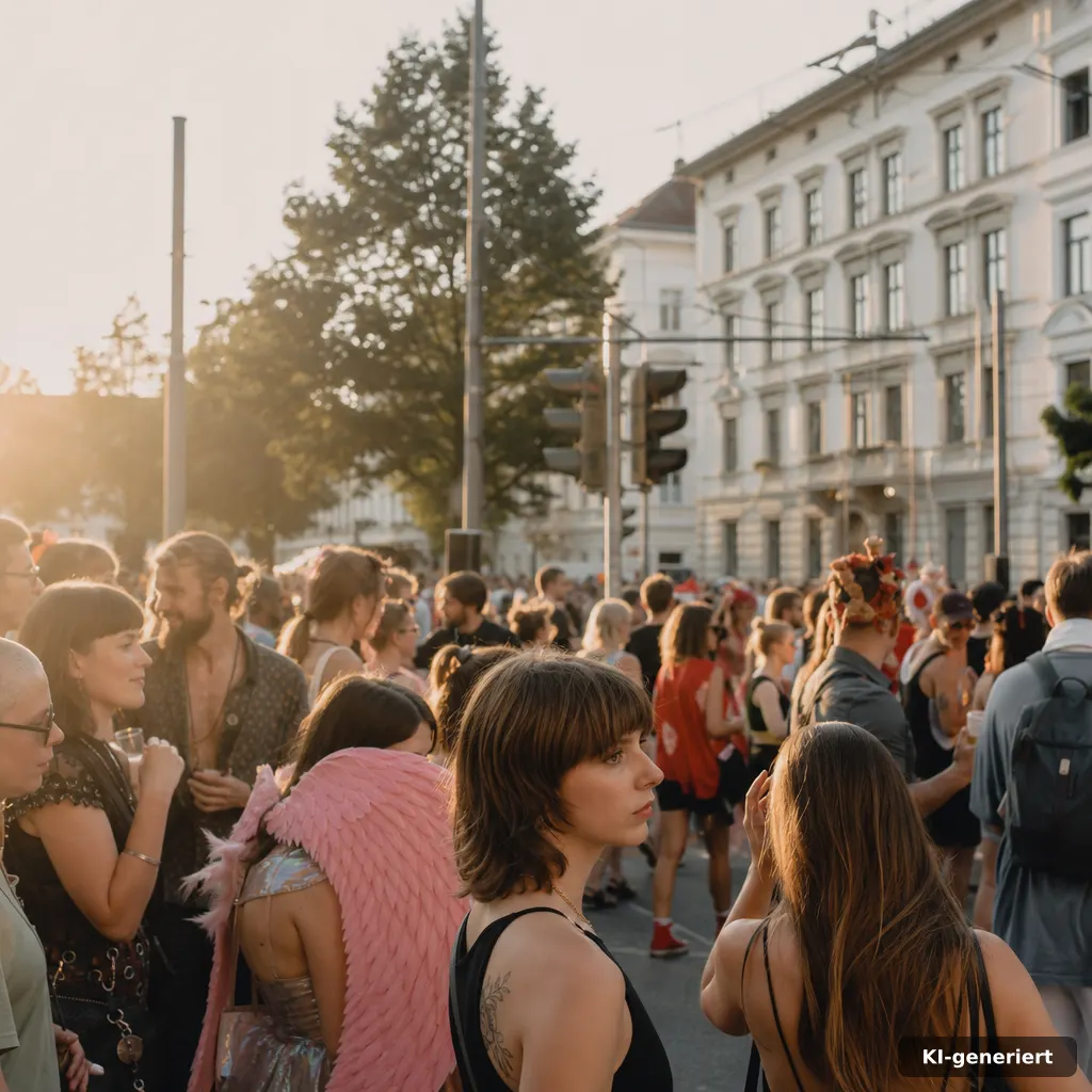 Schützenfest in Neuss-rosellerheide Neuss: Termine 2026 3 dokumentarisches Foto einer Straßenszene an der Föhrenstraße mit Menschen in Feststimmung (keine erkennbaren Logos, kein