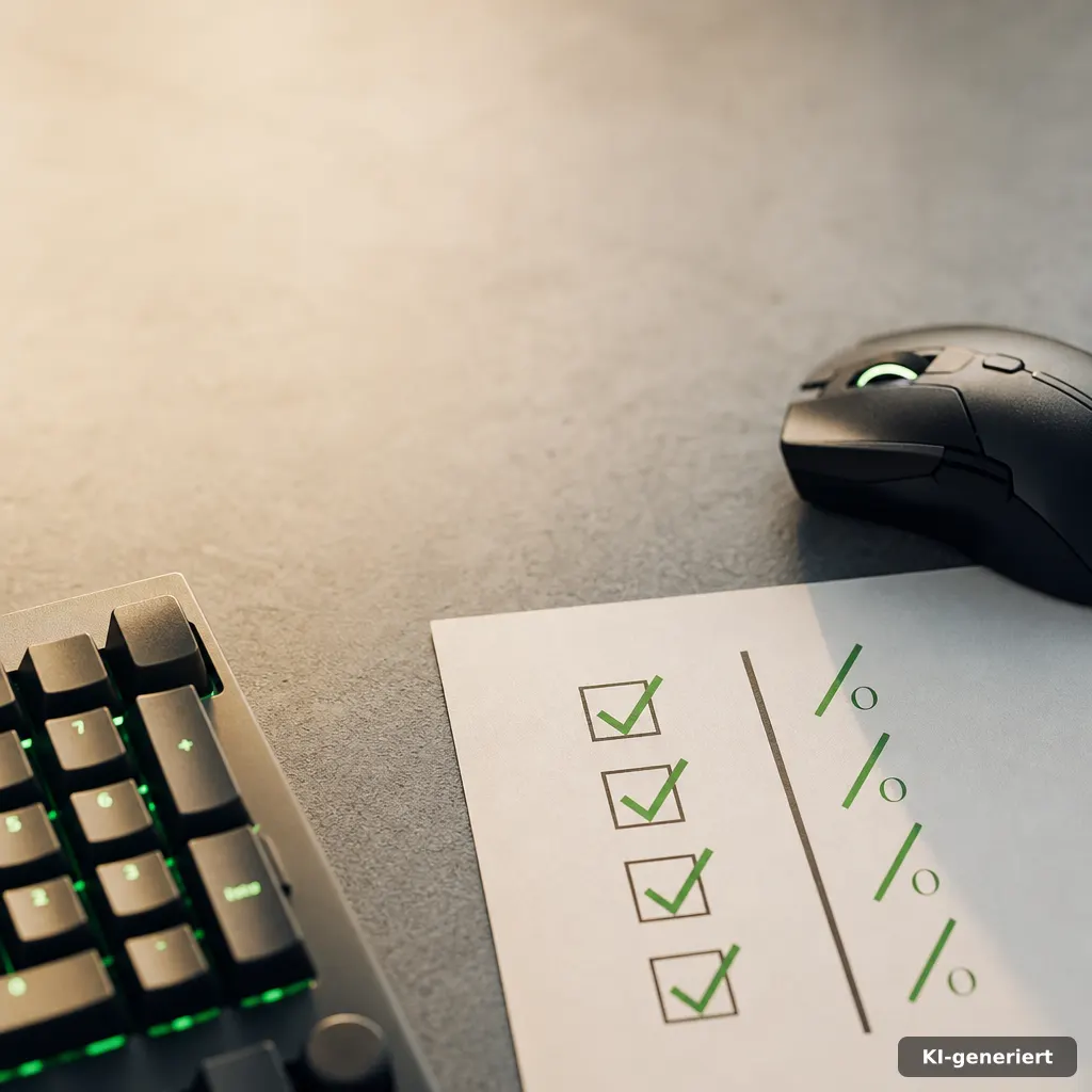 close-up editorial photo of a gaming keyboard and mouse beside a printed checklist with abstract check marks and discoun