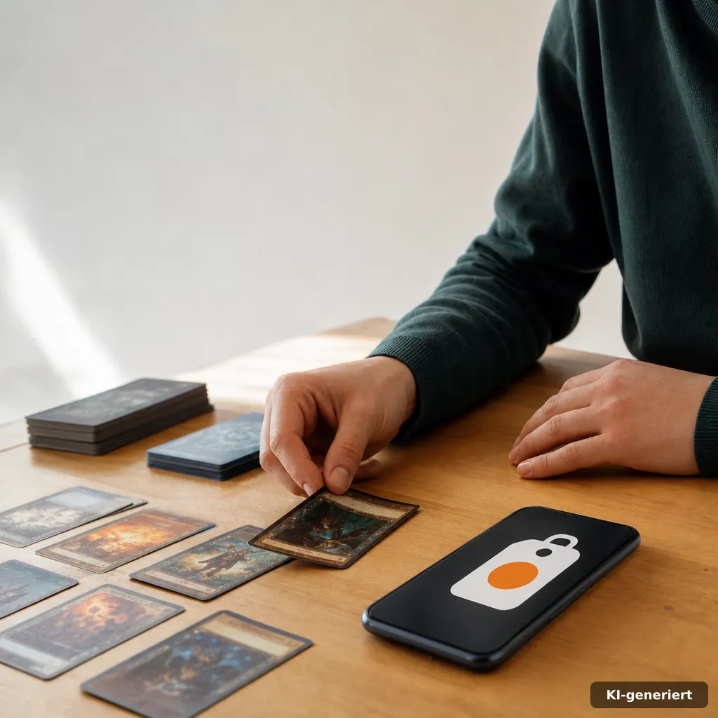documentary-style photo of a person’s hands placing game cards on a desk beside a smartphone with an abstract price tag 