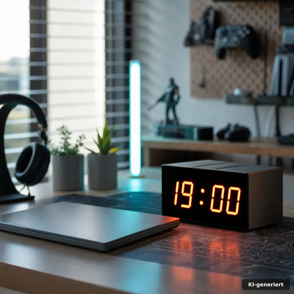 photograph of a glowing countdown clock showing 19:00 beside a closed laptop on a gaming desk with subtle blue-green acc