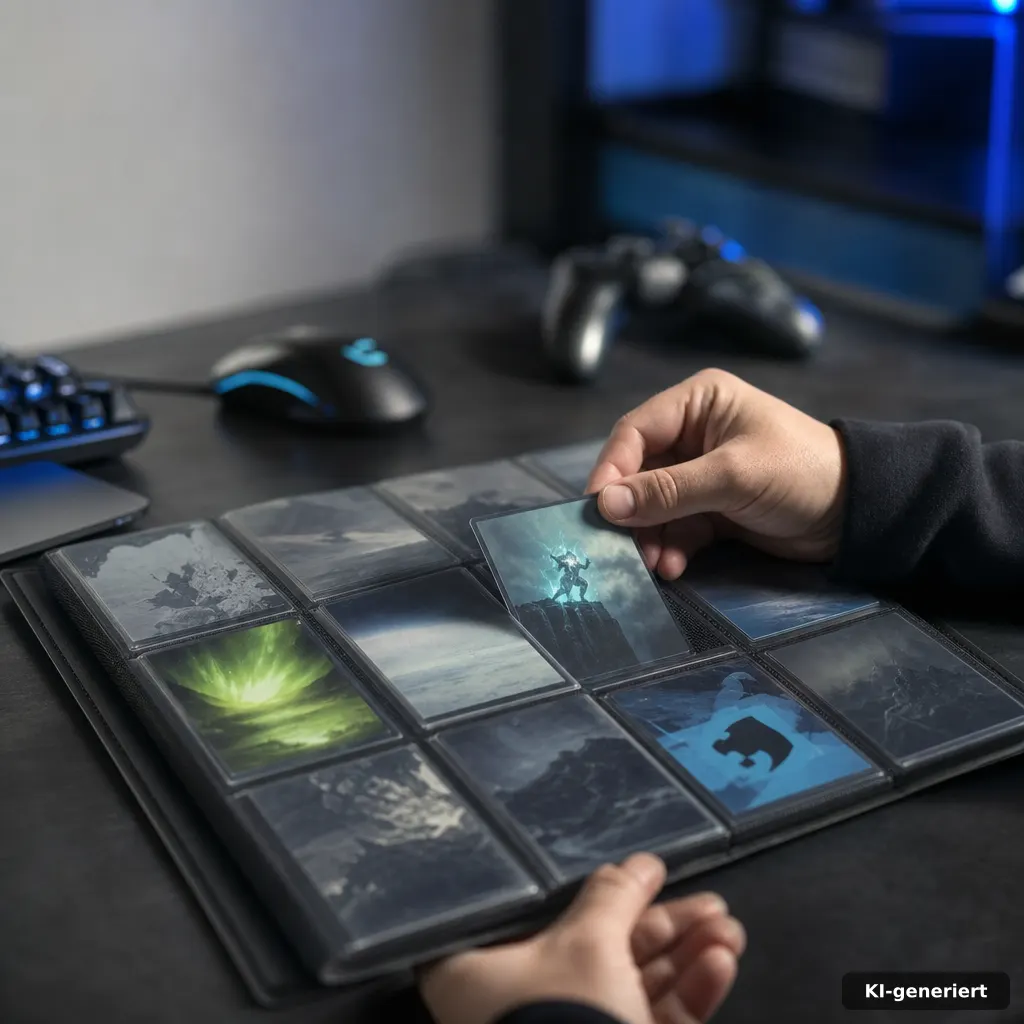 editorial photo of a Steam-style trading card collection display with abstract card tiles on a desk, subtle blue tech li