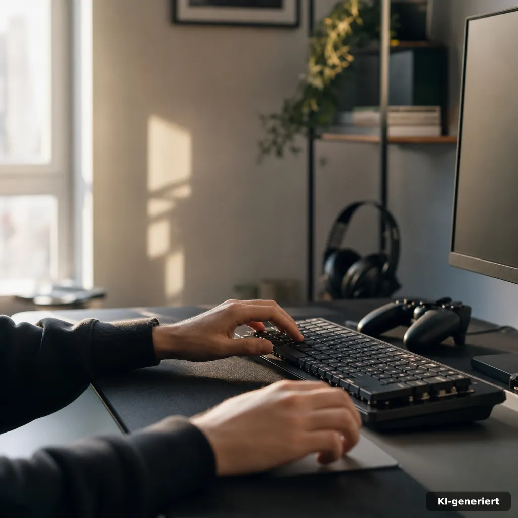 photograph of a person’s hands hovering over a keyboard and trackpad during a server-loading moment, but with no readabl