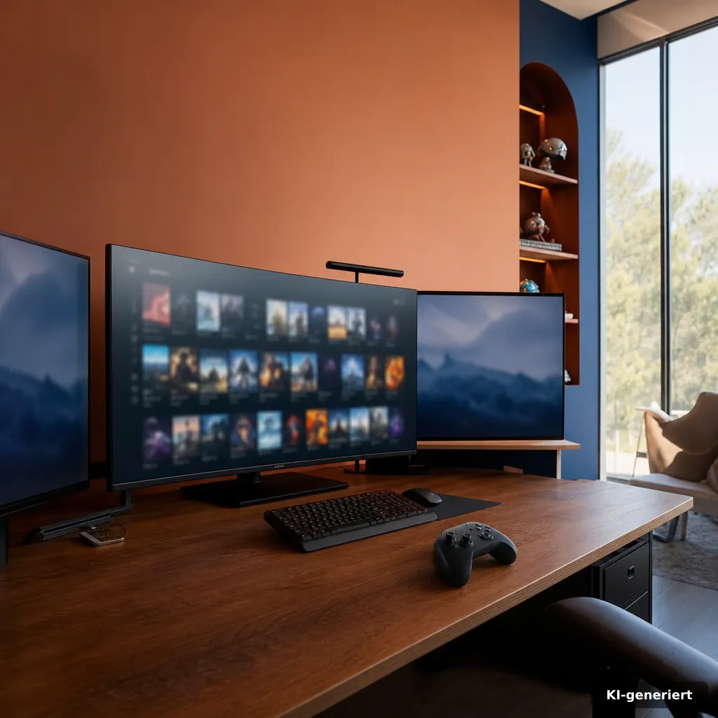 photograph of a multi-monitor gaming setup with a blurred release calendar interface and a controller on a warm wooden d