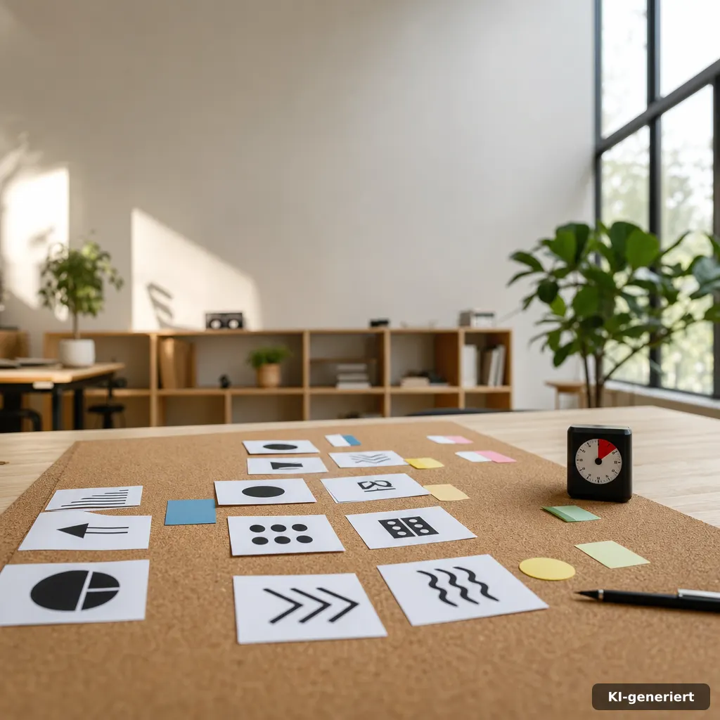editorial photo of a cork board with abstract symbol cards (no text), sticky-note shapes, a small gaming timer device, w