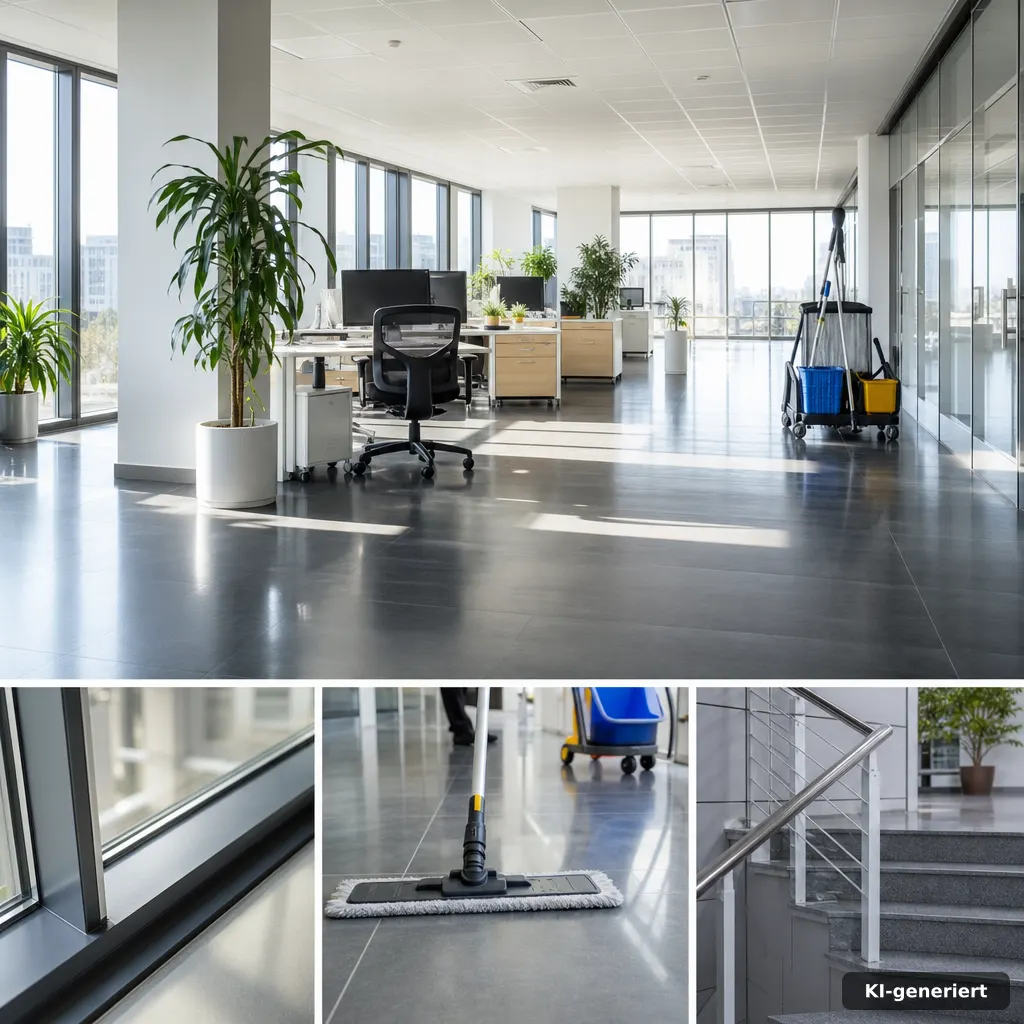 photograph of a bright office floor after deep cleaning, visible shine and clean edges, natural daylight, professional c