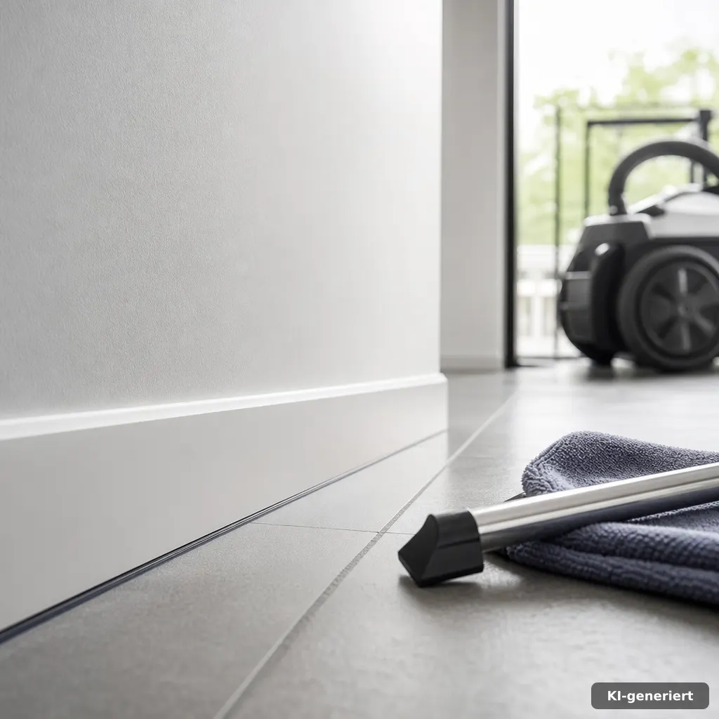close-up photograph of cleaned floor seams and baseboards with crisp edges, neutral colors, soft shadows, professional m
