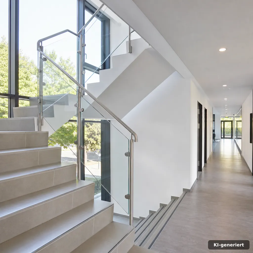 wide-angle photograph of a staircase landing and corridor after deep cleaning, clean handrails and spotless steps, brigh