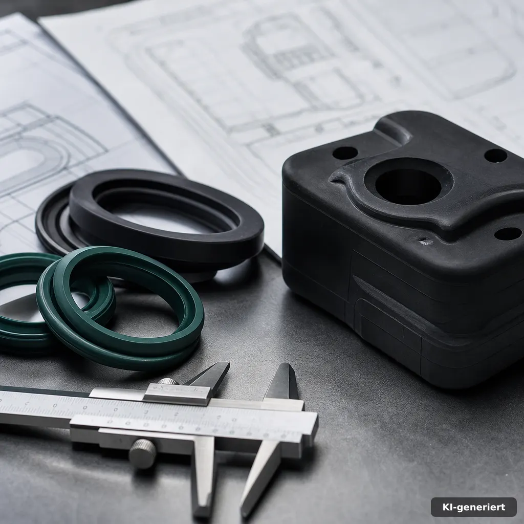 Elastomerdichtungen, Messschieber und technische Unterlagen auf einem Industriearbeitsplatz