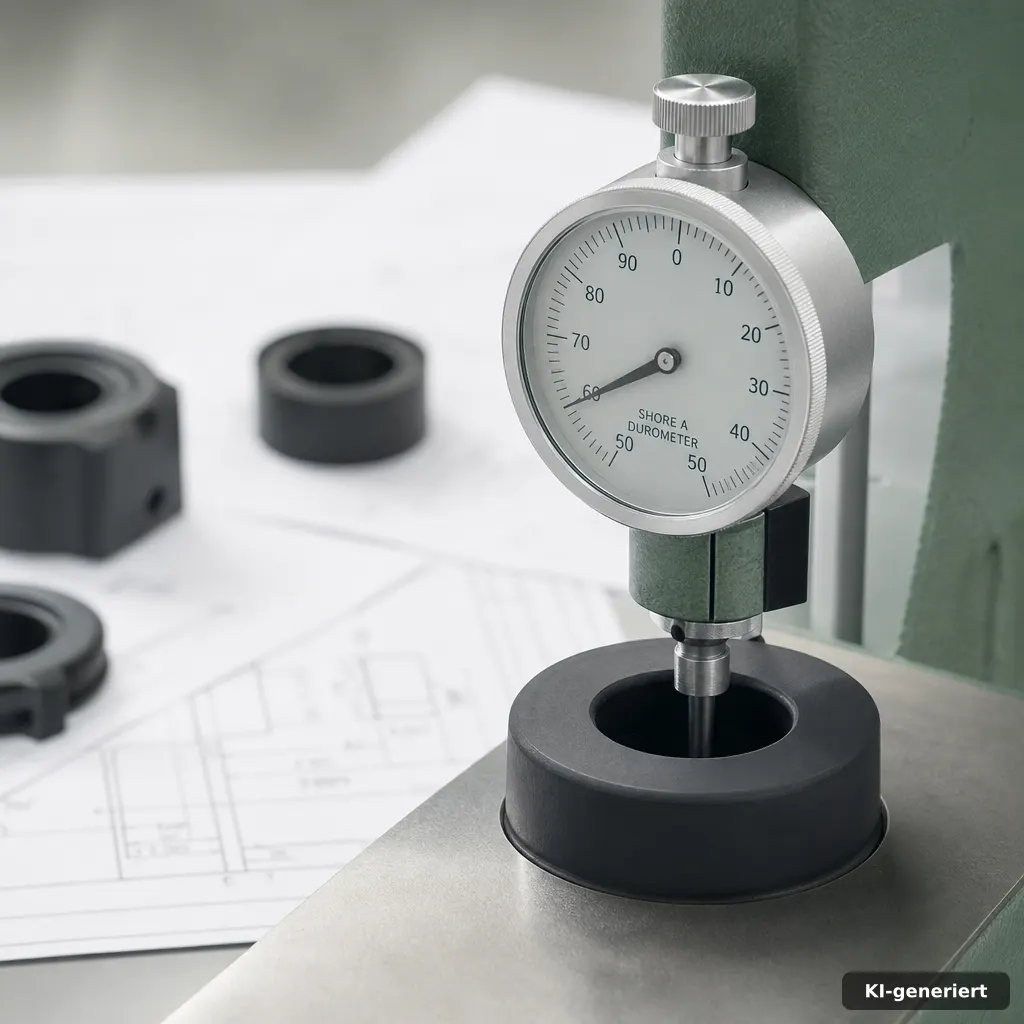Durometer bei der Härteprüfung eines dunklen Elastomerprüfkörpers