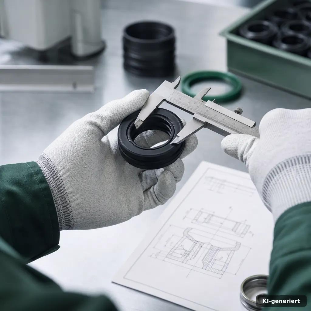 Präzisionsmessung eines schwarzen Elastomerrings neben Zeichnung und Vergleichsmustern