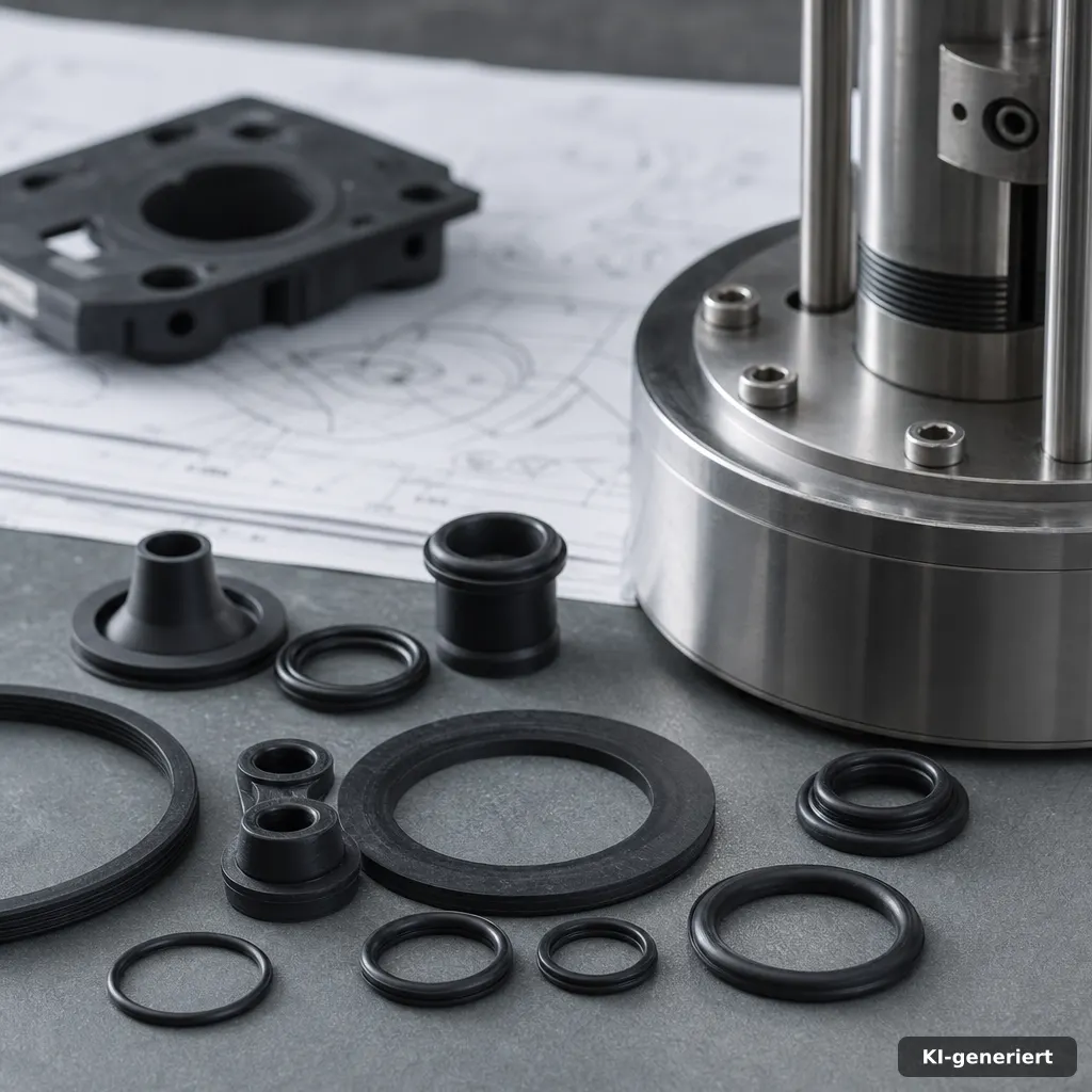 Schwarze Elastomer-Musterteile neben einer Edelstahlaufnahme für die technische Bauteilprüfung